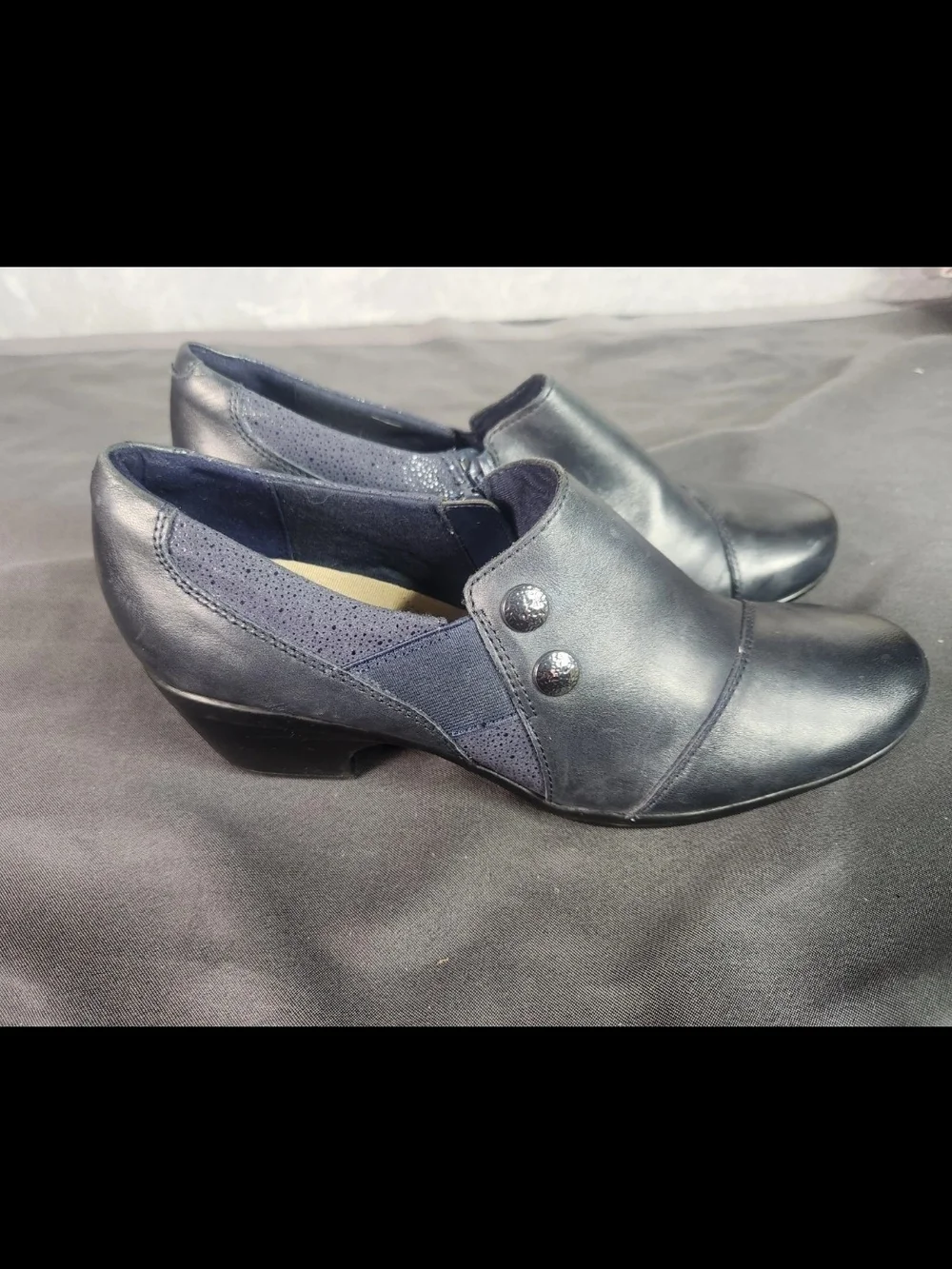 Clarks Navy Leather Low Heel Slip-On Booties